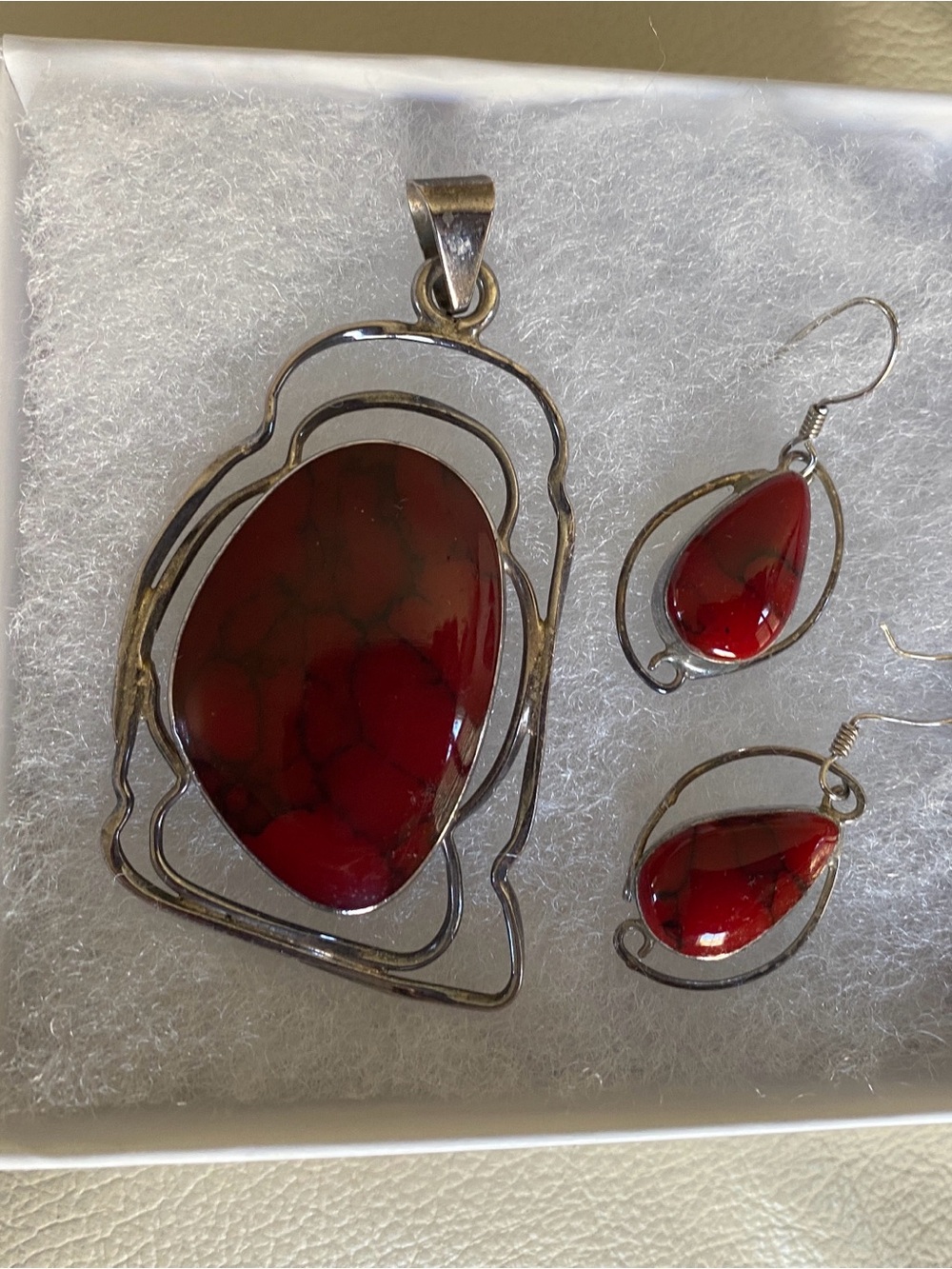 Sterling Silver Deep Red Jasper Teardrop Pendant & Earrings Set